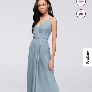 David's bridal Double-Strap Long Georgette Bridesmaid Wrap Dress in Dusty Blue
